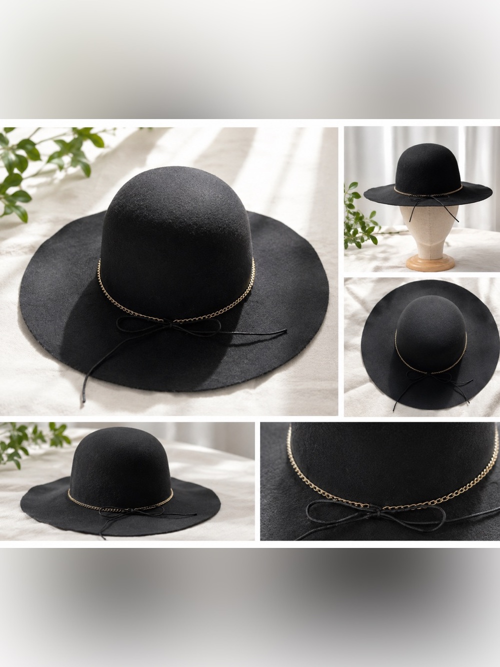 Women’s Charcoal Black Wide Brim Hat Gold Chain Bow NWT/NEW